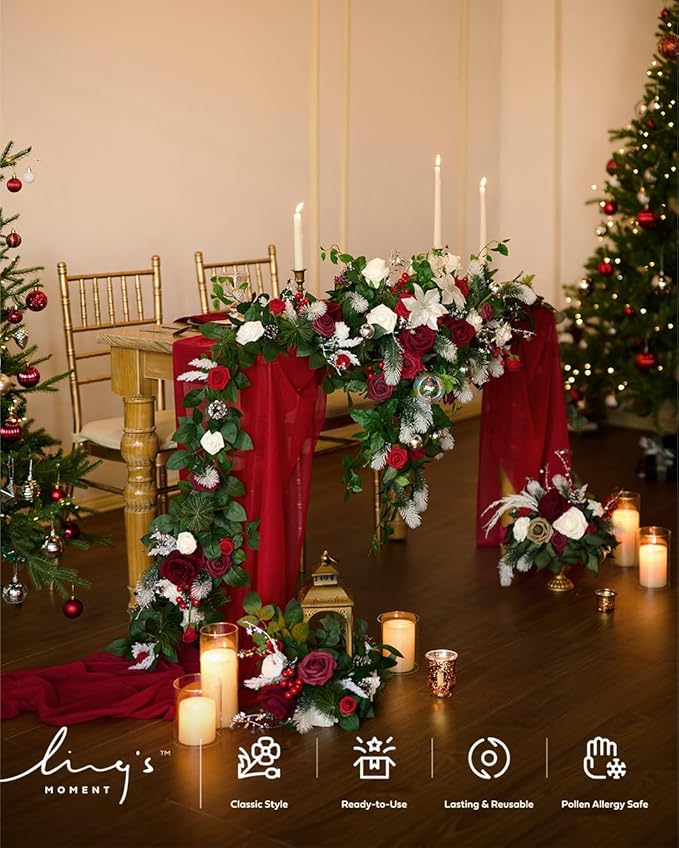Ling's moment Christmas 9FT Eucalyptus and Willow Leaf Garland with White Flower, Handcrafted Wedding Sweetheart Table Centerpieces Head Table Decor Arch Backdrop Decorations for Wedding | Red & White