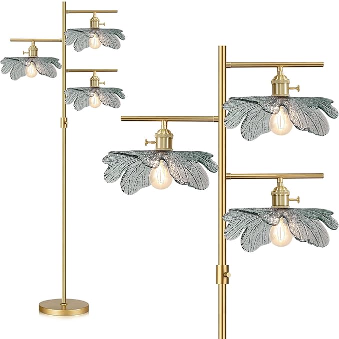 65" Dimmable Gold Floor Lamp, 3-Light Antique Brass Tree Standing Lamp with Dark Green Flower Glass Shade, Rustic Tall Floor Light for Bedroom Corner Living Room Study Office