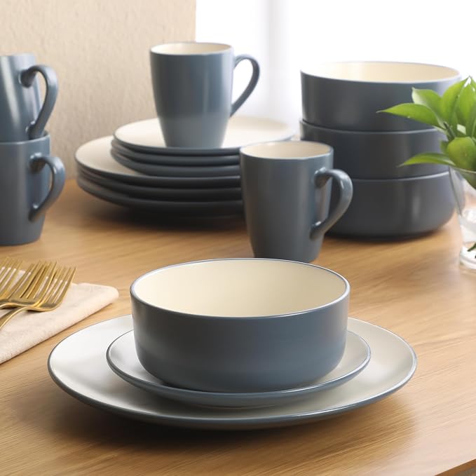 Gibson Elite Oxford Blue Plates and Bowls Sets, 16 Piece Stoneware Dinnerware Sets for 4, Two Tone Dishware Sets, Dinner Plates Dessert Plates Bowls Mugs