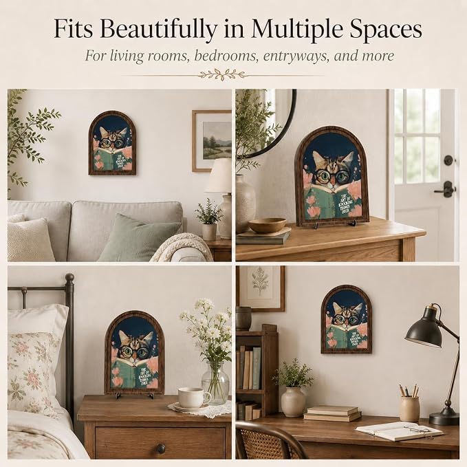 Funny Bird Decor Arched Wood Frame Tabletop Sign, Vintage Reading Bird Art Decor with Stand, Rustic Shelf Desk Mantel Accent for Bathroom Office Home