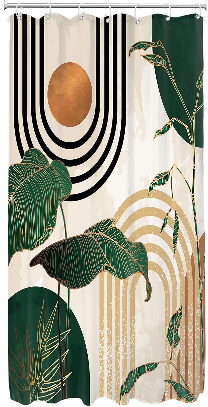 Glawry Small Stall Green 36Wx72L Inches Boho Mid Century Shower Curtain Abstract Retro Tropical Palm Tree Plant Sun Arch Minimalist Bathroom Modern Bath Accessories Art Home Decor Fabric 7 Pack Hooks