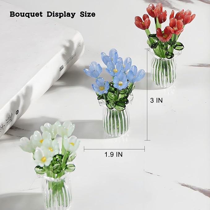 Mini Glass Flower Bouquet with Vase Colorful Artificial Wildflowers Sculpture Spring Floral Arrangement Figurine Artwork Table Centerpiece Home Decor Gift for Mom and Friends