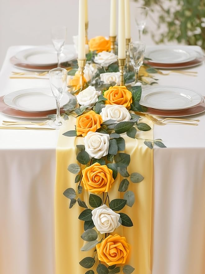 InnoGear Artificial Flowers, 50 Pcs Yellow Foam Fake Roses Bulk with Stems for Autumn Fall Decoration DIY Wedding Bouquets Centerpieces Bridal Shower Party Christmas Tree