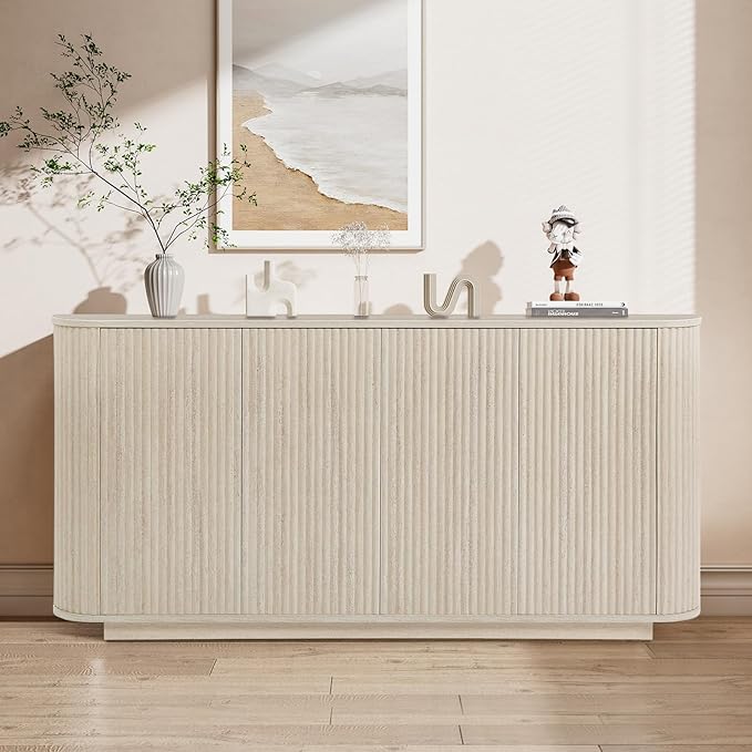 64" Sideboard Buffet Cabinet with Storage, Modern Fluted Accent Credenza with Adjustable Shelves, Wood Media Console Coffee Bar Table for Living Room Kitchen Dining Room, 31.5" H, Rock Grey