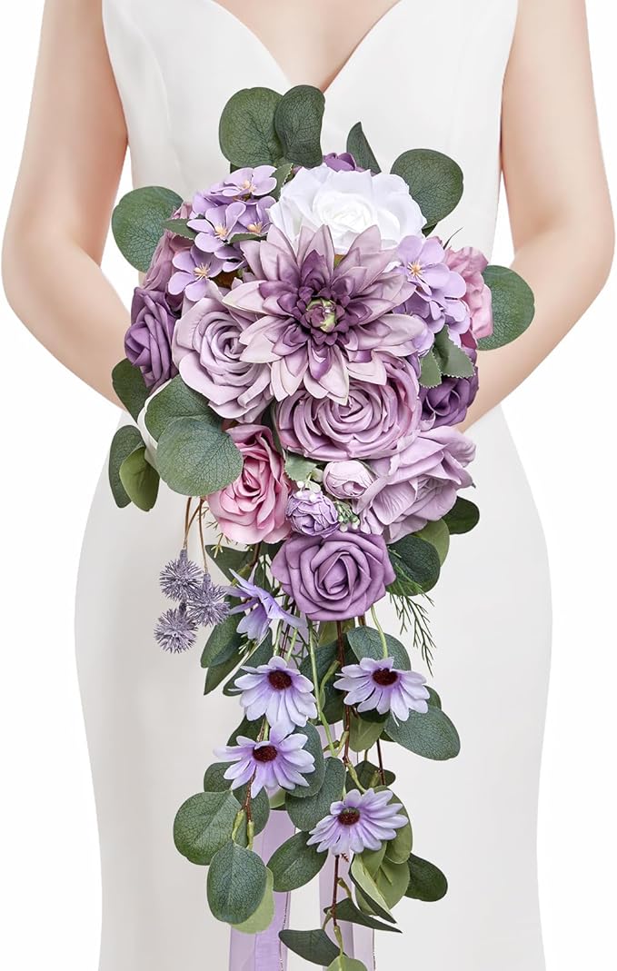Serwalin 9.8 Inch Wedding Bouquets for Bride Bridesmaid, Purple Dahlia Bridal Bouquets for Bride, Wedding Flowers Bouquet Tossing Bouquet, Wedding Ceremony and Anniversary Decoration