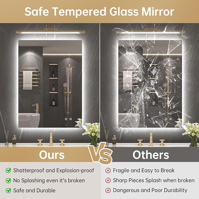 LOVESPEJO 22"x30" Backlit Mirror Bathroom, Lighted Bathroom Mirror with Lights, Fogless, Dimmable, 3 Color Changing, Shatterproof, Horizontal/Vertical（no Motion Sensor）
