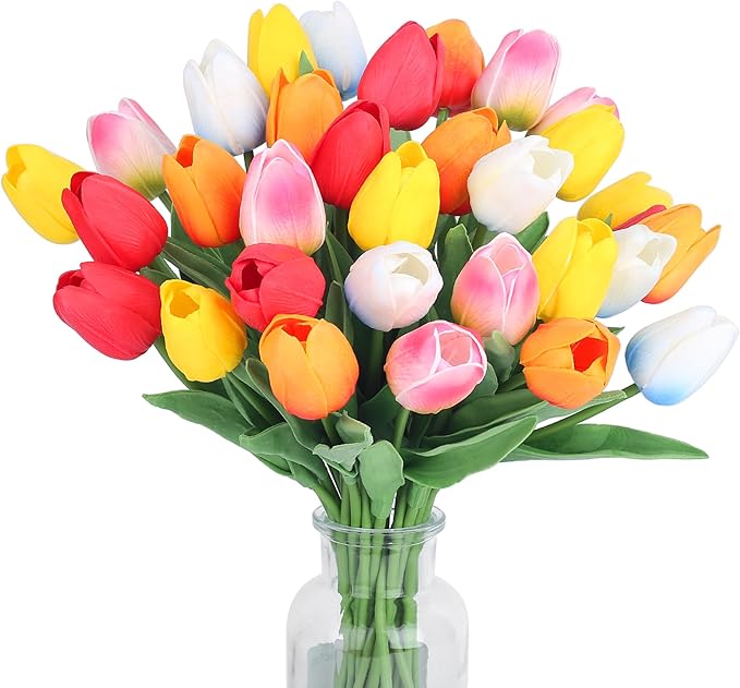 20pcs Color Artificial Tulips Flowers for Real Touch Tulips Fake Flowers for Smumer Wedding Bouquet Mother's Day Decor (5 Color 14 Inches)