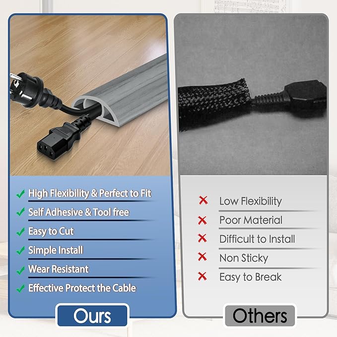 Floor Cord Cover for Wires on Floor Self Adhesive Cord Hider Floor Cable Management Wire Covers for Cords Protector Prevent Cable Trips Cord Cavity W 0.51" x H 0.31", Gray Wood, 3.3Ft