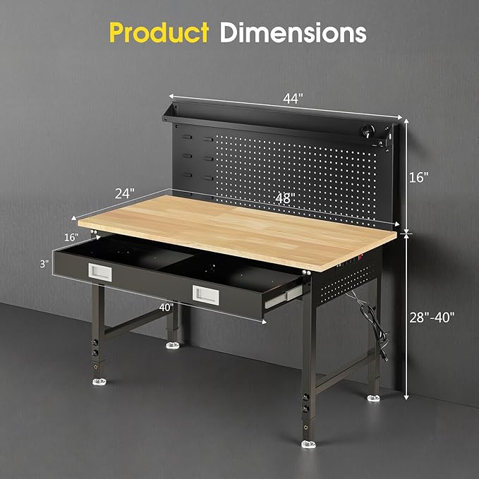 48" Adjustable Work Bench with Drawers, Workbench for Garage with Strip Light, Work Table with Large Pegboard, 2000 LBS Heavy Duty Table with Power Outlet Rubber Wood for Office, Workshop