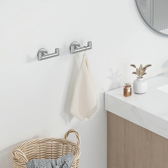 Angle Simple Towel Hook Brushed Nickel 2 PCS, SUS304 Stainless Steel Double Robe Hook, Bathroom Towel Holder, Wall Mount