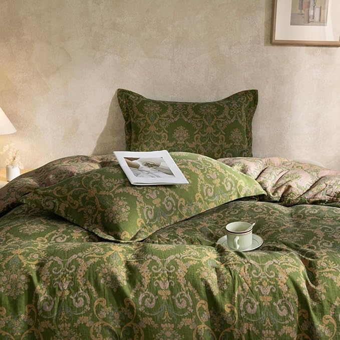 VM VOUGEMARKET Green Floral Duvet Cover Queen,3 Pieces Retro Boho Medallion Jacquard Flower Bedding Set,Linen Cotton Yarn-Dyed Textured Reversible Duvet Cover with Zipper Closure