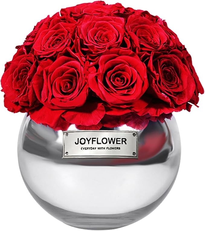 JoyFlower Preserved Flowers for Home Decor, Eternal Flower Real Roses with Glass Vase for Wedding House Bedroom Dining Living Room Office Table Centerpiece Decoration, Housewarming Party Gifts(Red)