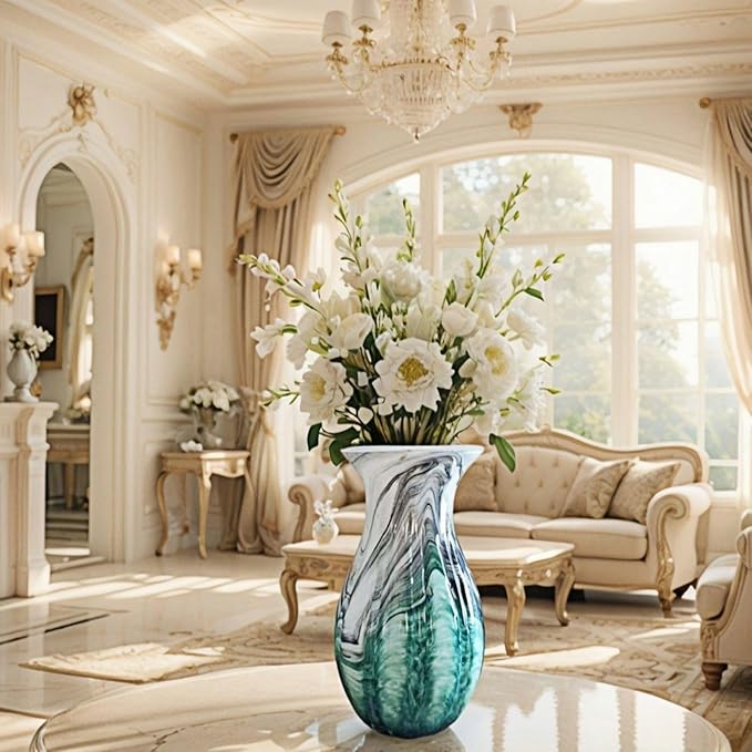 Large Premium Luxury Glass Flower Vase Combining Eastern and Western Aesthetics - Artistic Home Decoration for Living Room, Table, Floor, and Office - 11.2 Inch Multicolor