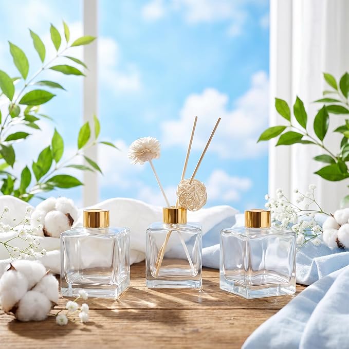 Squre Glass Diffuser Bottles with Gold Caps, Set of 4-3.7" High,200ml 6.7 fl oz. Fragrance Accessories Use for DIY Replacement Reed Diffuser Sets