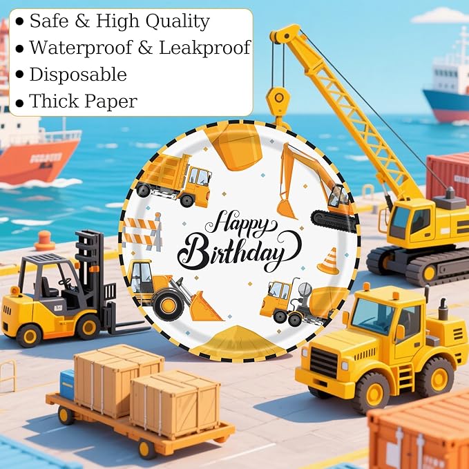 50PCS Construction Party Paper Plates 7 Inch, Disposable Cake Dessert Plates Construction Birthday Party Supplies for Kids Boys Birthday Decorations (Construction)