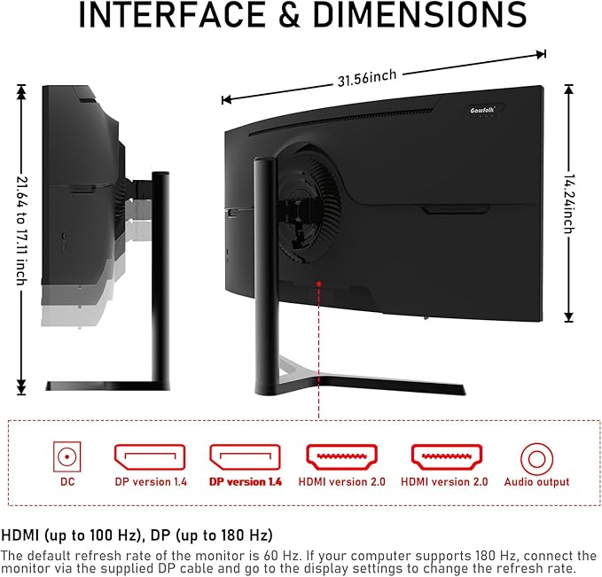Gawfolk 34 Inch Ultrawide Curved 180Hz Gaming Computer Monitor 1000R PC screen 21:9 UWQHD (3440x1440) ,1ms,100%sRGB,Adaptive Sync,HDMI、Display Port,Liftable Stand,Wall Mount Compatible 75*75mm-Black