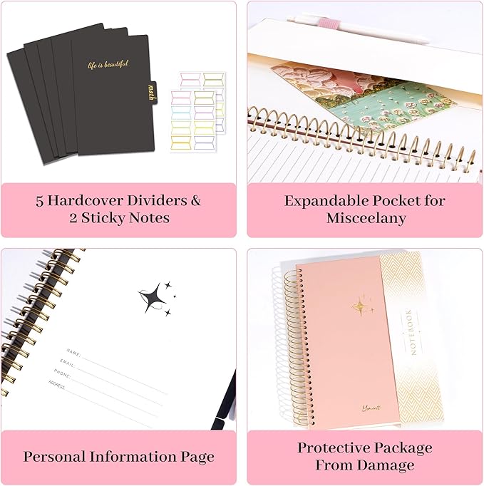 FLYING EAGLE Leather Spiral Notebooks for Work 5 Subject Notebook College Ruled with Dividers Pen, 360 Pages B5 Hardcover Lined Journals for Women Men Writing,Pink
