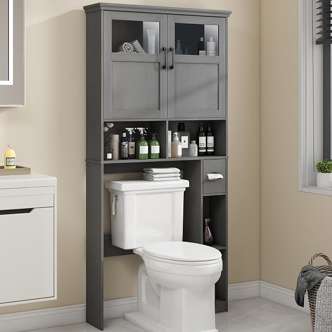Over The Toilet Storage Cabinet With Double Doors & Paper Holder Stand, Freestanding Shelf Space Saver, Anti-Tip Design & Adjustable Shelf, Natural Grey