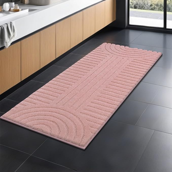 SHACOS Super Soft Bathroom Runner Rugs 24"x60" Non Slip Boho Bathroom Mats Microfiber Absorbent Carpet for Bath Room Machine Washable Shaggy Bath Rugs for Shower Bathtub Home Decor, Grey Pink 2'x5'