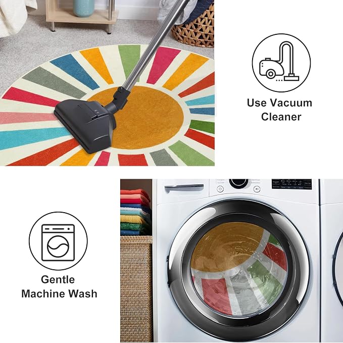 STARUIA Boho Washable Rug 5 Ft Round Area Rug for Bedroom, Rainbow Circle Kids Rugs for Office, Non-Slip Circluar Carpet Soft Sunshine Rugs for Dorm Nursery Sofa Living Room Corner