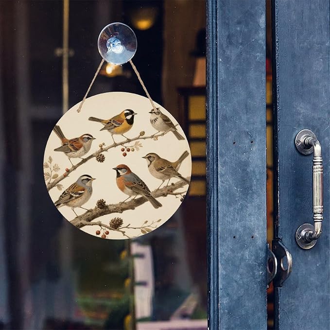 VstaDank Vintage Bird Wall Decor Round Wood Hanging Sign 7.9x7.9 in Wooden Circle Door Hanger with Ropes, Rustic Wall Art Decor for Home Front Door Indoor Outdoor Decoration