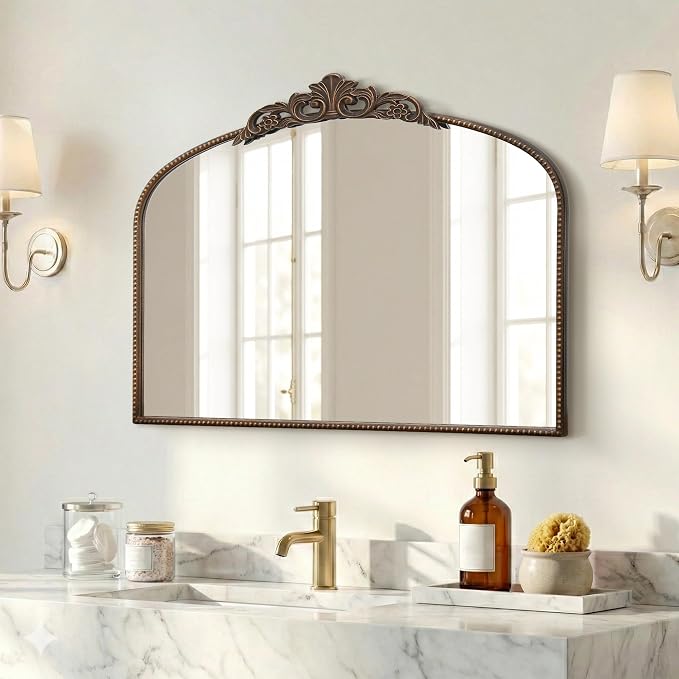 Micasso Bronze Vintage Arched Mirror: 36"x29" French Baroque Antique Wall Mounted Mirror - Traditional Ornate Decorative for Mantle/Fireplace/Living Room/Bedroom/Entryway/Hallway/Wall Decor