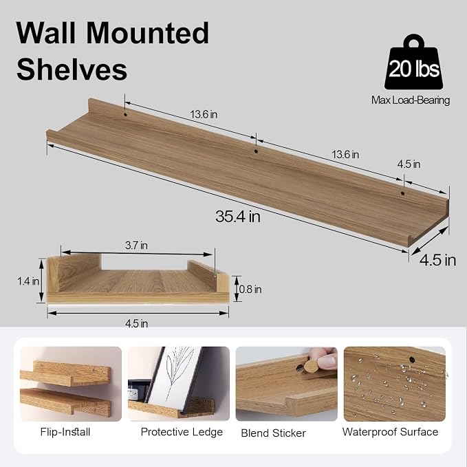 Floating Shelves for Wall Decor, Long Wall Mounted Storage Shelf for Bedroom, Living Room, Bathroom, Kitchen, Nursery, Display Picture Ledge Shelf with Lip Set of 2-36 Inches, Oak