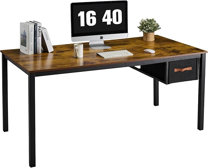Computer Desk with Drawer, 63 Inch Large Home Office Work Desks, Modern Writing Study PC Desk Gaming Table for Bedroom Home, Stable Thick Metal Legs Frame Support （Rustic Brown）