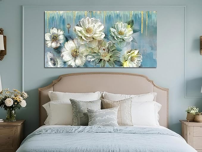 Ardemy Floral Canvas Wall Art for Living Room Large Magnolia White Flowers Teal Picture Bedroom Wall Decor Textured Painting Modern Turquoise Artwork Dining Room Home Office, Large 48"x24"