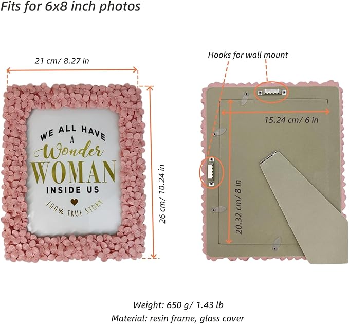 6x8 Antique Pink Picture Frame Vintage Flowers Retro Ornate Photo Frames for Tabletop Display and Wall Mount Horizontal and Vertical(Pink)