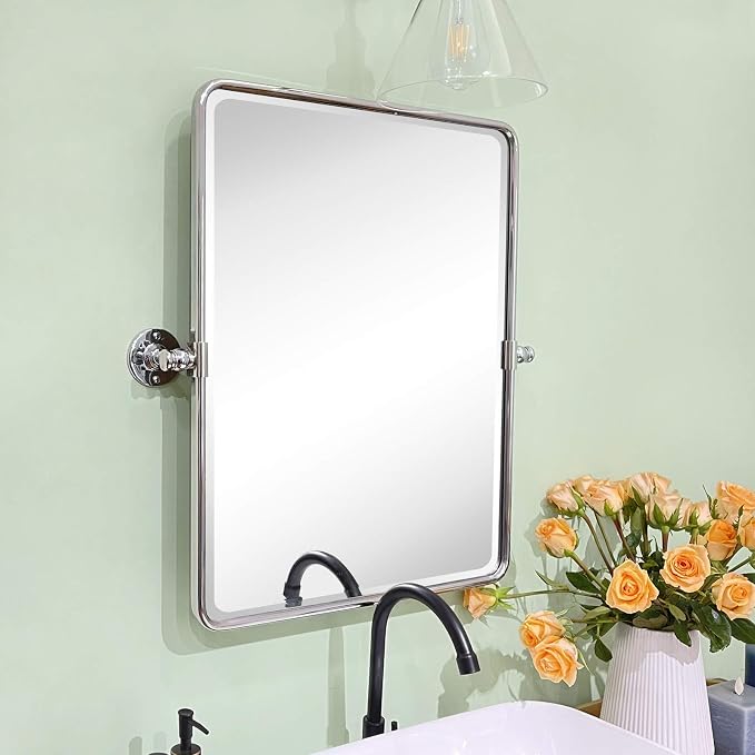Farmhouse Chrome Metal Framed Pivot Rectangle Bathroom Mirror Rounded Rectangluar Tilting Beveled Vanity Mirrors for Wall, Overall 22.91 x 24 inches (Mirrror 19 x 24 inches)