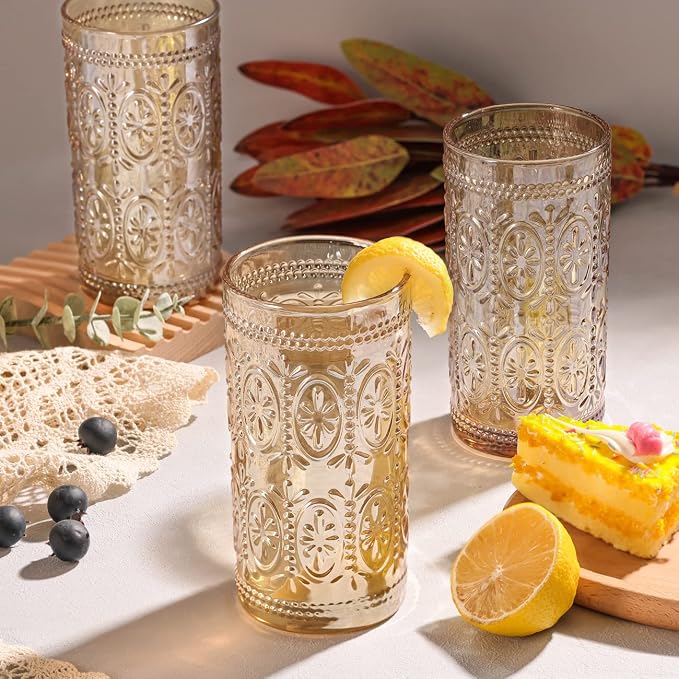 Darlion 6 Pack Highball Beverage Glass Cup, 12oz Amber Glassware Drinking, Vintage Embossed Drinking Glasses, Old Fashioned Glass for Party Wedding Home Office and Gift
