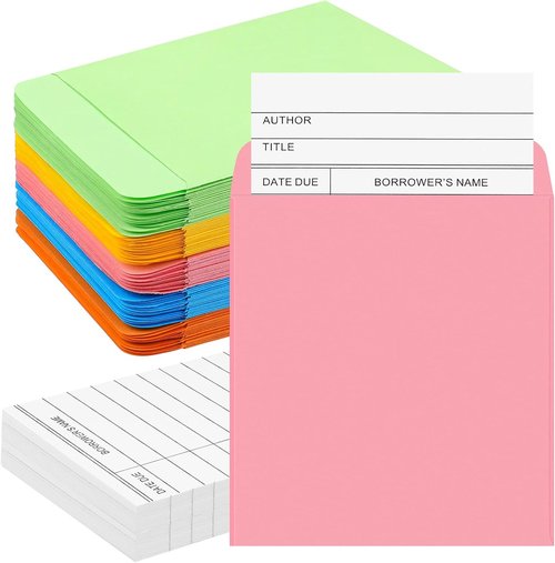 Library Pocket Envelopes by [Brand Name] - 200 Pcs with 100 Self-Adhesive Envelopes & 100 Checkout Cards | Colorful Design