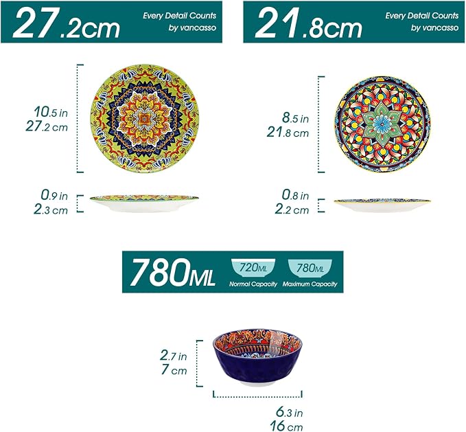 vancasso 18 Pieces Plates and Bowls Set, Bohemian Style Dinnerware Sets Service for 6, Porcelain Boho Dishes Set for Kitchen, Housewaring Gift, Dishwasher and Microwave Safe, Series KRVI