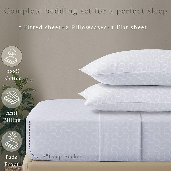 Threadmill 500 Thread Count Queen Size Sheets 4 Pc Luxury Cotton Bedding Set, Jacquard Floria Hotel White, Silky Smooth Sheets with 16" Elasticized Deep Pocket, 2 Pillowcases & Free Tote Bag