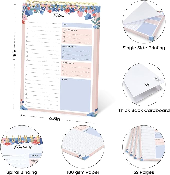 Taja To Do List Notepad - To Do List Notebook for Work with 52 Sheets, 9.8" x 6.5", Undated Daily Planner Perfect for Daily Tasks and Goal Setting, Notepad Suitable for Office, Home & School - Spring Blossom