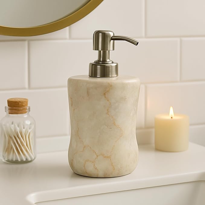 Creative Home Natural Marble Soap Dispenser with Stainless Steel Pump, Beige