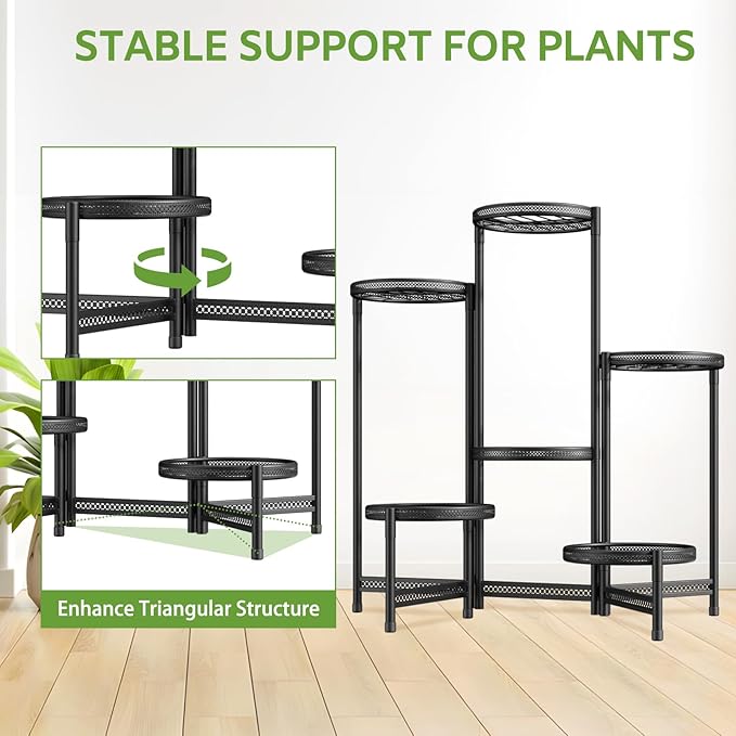 iDavosic.ly 6 Tier Large Plant Stand Indoor with 10-Inch Wide Drainage Tray, Tiered Corner Metal Outdoor Flower Display Holder Shelf, Folding Tall Rack for Patio Porch Balcony, Black Iron Carving