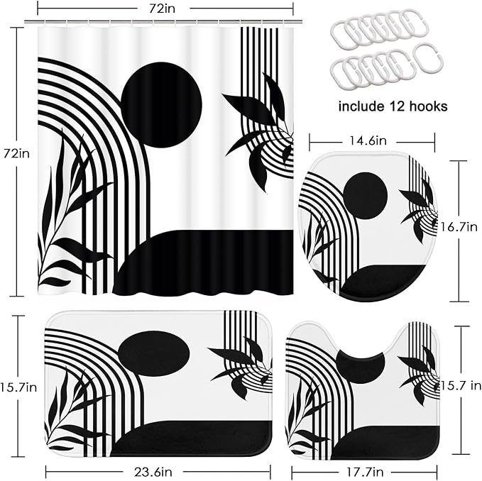 Boho Mid Century Shower Curtain Set with Toilet Lid Cover and Non-Slip Rugs, Abstract Geometric Black White 4 Pcs Modern Minimalist Vintage Shower Curtain for Bathroom Set with 12 Hooks