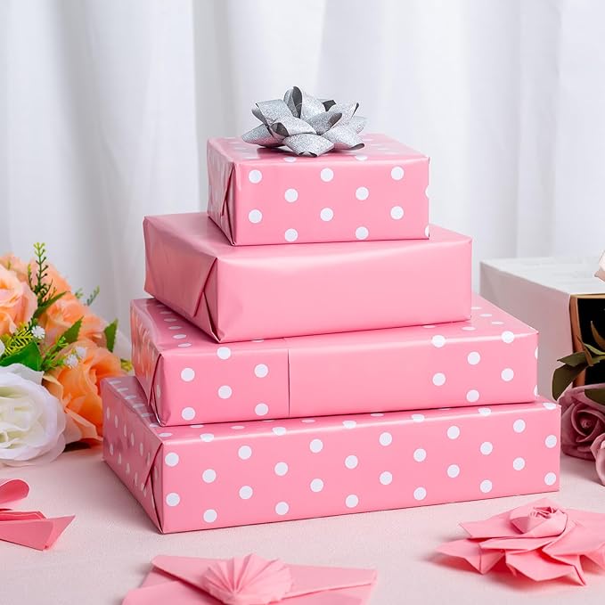 Yarcony Pink Gift Wrapping Paper Roll - 17 Inch X 33 Feet - Lovely Baby Girl Polka Dot Pastel Gift Wrap Paper Birthday Wrapping Present Sheet for Wedding, Baby Shower, Bridal Shower, Valentine's Day