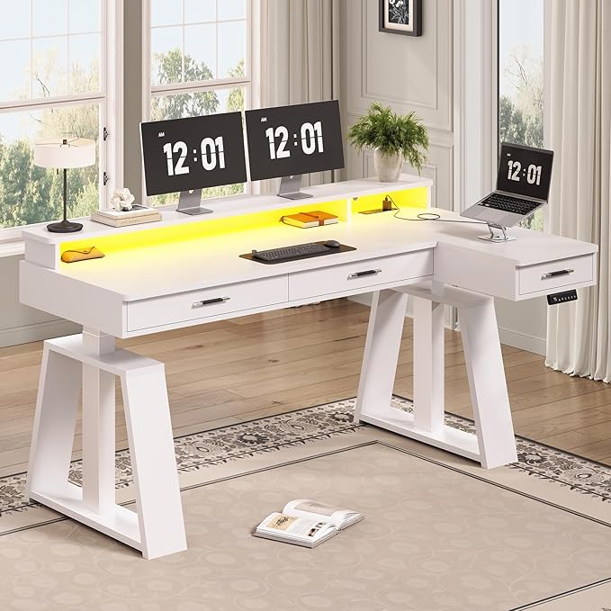 SEDETA 59 Inch L Shaped Electric Standing Desk with Drawers, Executive Adjustable Desk with Power Outlets, Monitor Stand, Sit Stand Computer Table for Home Office, White
