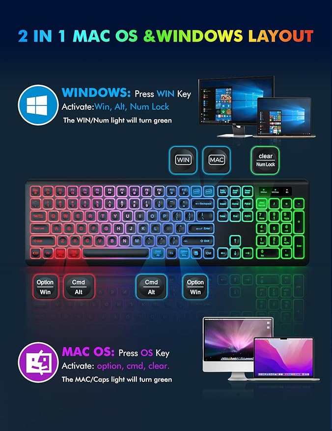 Wireless Keyboard and Mouse Combo, RGB Backlit, Rechargeable & Light Up Letters, Full-Size, Soft Typing, Sleep Mode, 2.4GHz Quiet Keyboard Set for Mac, Windows, Laptop, PC, Trueque (Black)