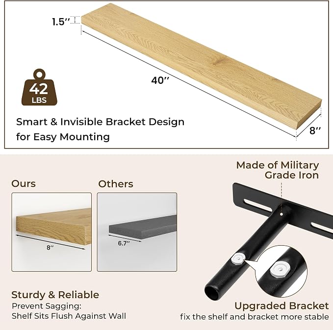 RICHFOCUS 40Inch Floating Shelves for Wall 1 Pack Shelves for Bedroom|Kitchen|Bathroom|Laundry Room Rustic Wood Wall Mounted Shelf with Invisible Brackets for Books|Storage|Decor, Oak