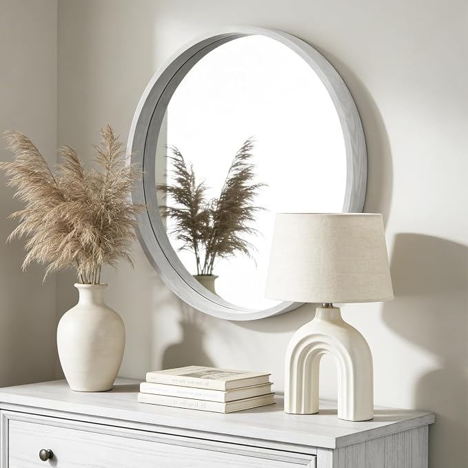 WallBeyond 28 Inch Round Wood Mirror, Large Circle Wooden Frame Wall Mirror for Bathroom, Living Room, Bedroom, Entryway (White)
