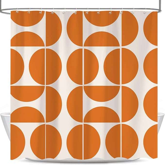Orange Mid Century Modern Shower Curtain, Boho Abstract Geometric Retro Art Bath Curtains For Bathroom, Colorful Unique Pattern Waterproof Polyester Fabric Bathroom Accessories Set 12 Hooks 60X72IN