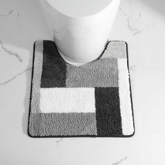 U Shape Checkered Bath Mat - Super Absorbent, Soft and Thick, Rubber Backing Non-Slip, Machine Washable Shower Rug, Bath Mat, Bathroom Home Decor Accessories, 20"x22" (50x55cm), Black