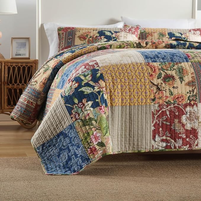 ENASAL Cotton Bedspread Quilt Sets Reversible Bedding Coverlet Sets Comforters Vintage Luxury Gorgeous Floral Real Patchwork Bedspread,Queen Size