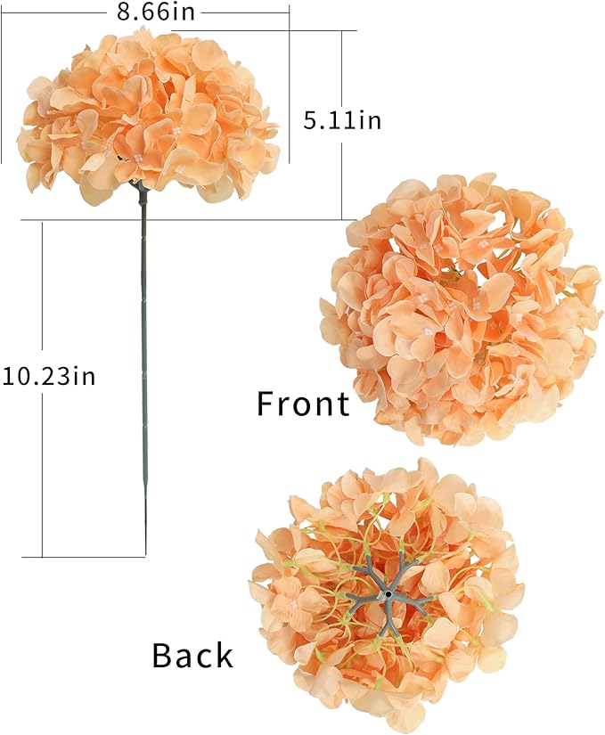 DuHouse 8.7" Silk Hydrangea Flower Heads with Stems Fake Hydrangeas Flowers for DIY Wedding Centerpiece Home Decor,Pack of 6(Peach Fuzz)