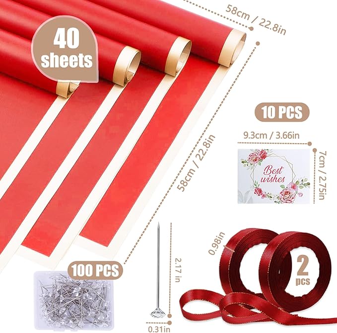 Luerbi 40 Sheets Red Flower Wrapping Paper, Gold Edge Waterproof Floral Wrapping Paper, 22.8x22.8 inch Bouquet Paper Wrap with 2 Rolls Ribbon for Wedding Birthday Gift DIY Crafts Florist Supplies