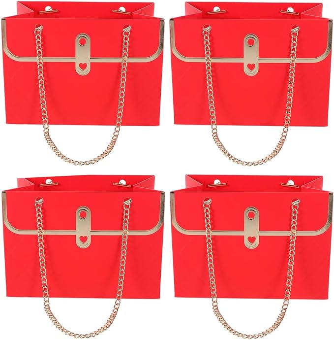 NADUSEP 4 PCS Flower Paper Gift Bag Bouquet Storage Bucket, Florist Flower Hand bag with Metal Chain Gift Case for Gifts Wrapping Supplies Bulk Mother's Day Valentine's Day Women's Day (Red)